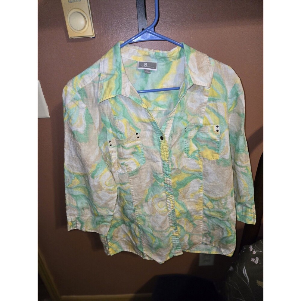 JM Collection Green watercolor 100% Linen Button-Up Blouse 3/4 Sleeve Size 14